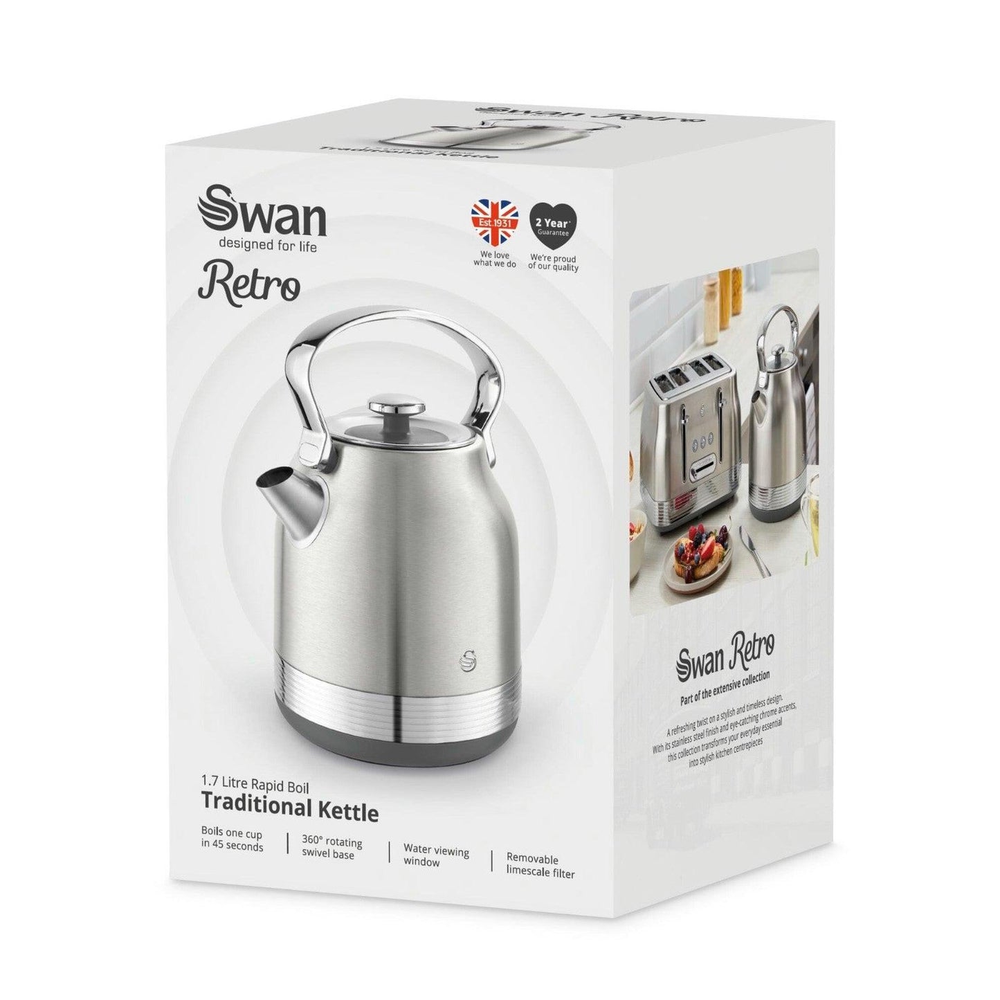 Swan Retro Pyramid Kettle & 2 Slice Toaster Kitchen Set (Stainless Steel) - Vibe Home