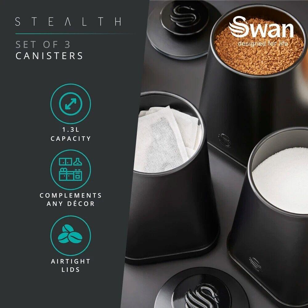 Swan Stealth Bread Bin & Canisters Kitchen Storage Set (Matt Black) - Vibe Home