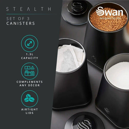 Swan Stealth Bread Bin & Canisters Kitchen Storage Set (Matt Black) - Vibe Home