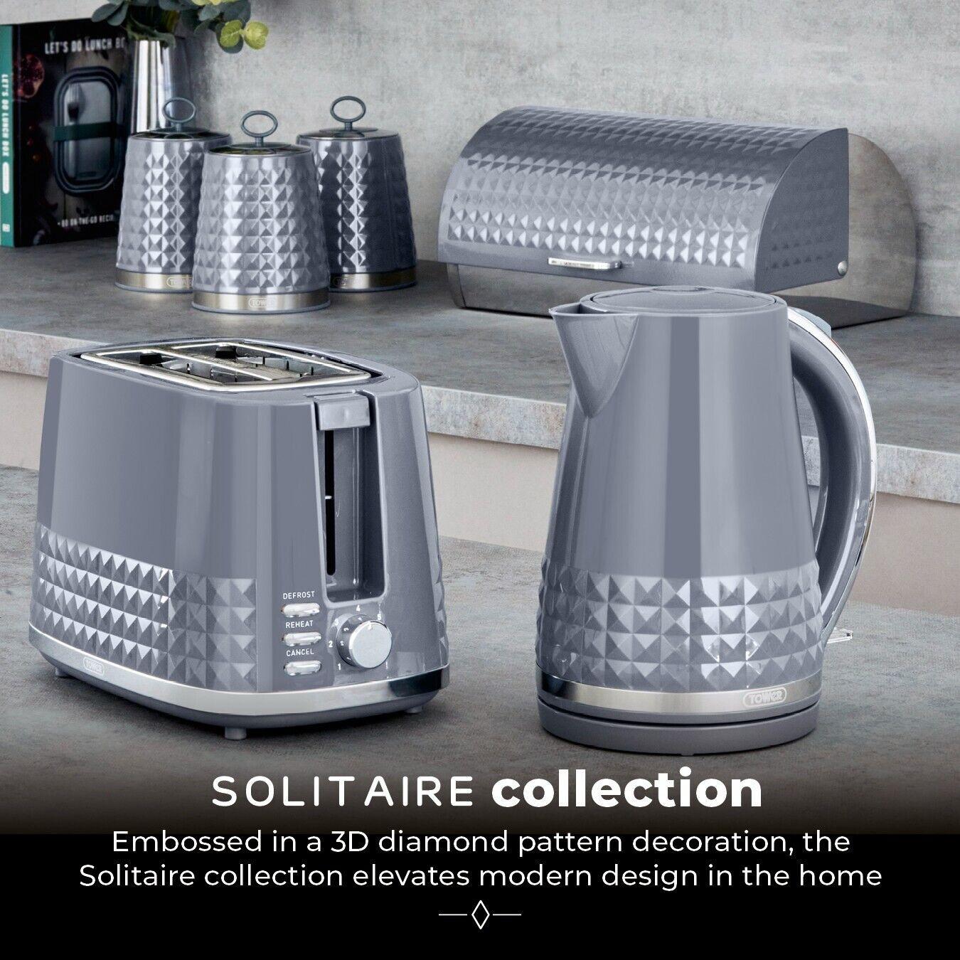 Tower Solitaire Kettle, 2 Slice Toaster, Bread Bin & Canisters Kitchen Set (Grey) - Vibe Home