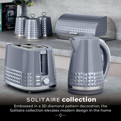 Tower Solitaire Kettle, 2 Slice Toaster, Bread Bin & Canisters Kitchen Set (Grey) - Vibe Home