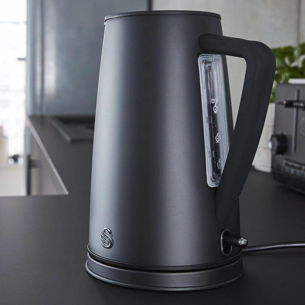 Swan Stealth Kettle, 4 Slice Toaster, Bread Bin, Canisters Kitchen Set (Matt Black) - Vibe Home