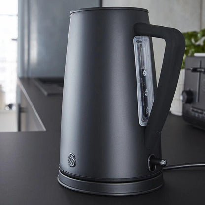 Swan Stealth Kettle, 4 Slice Toaster, Bread Bin, Canisters Kitchen Set (Matt Black) - Vibe Home