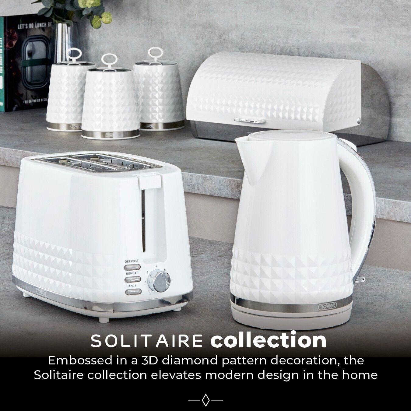 Tower Solitaire Kettle, 2 Slice Toaster, Bread Bin & Canisters Kitchen Set (White) - Vibe Home