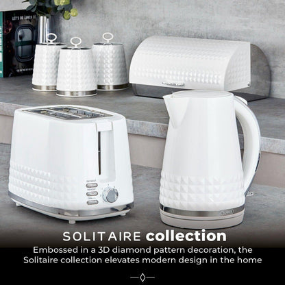 Tower Solitaire Kettle, 2 Slice Toaster, Bread Bin & Canisters Kitchen Set (White) - Vibe Home