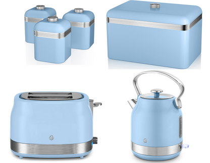 Swan Retro Pyramid Kettle, 2 Slice Toaster, Bread Bin & Canisters Kitchen Set (Blue) - Vibe Home
