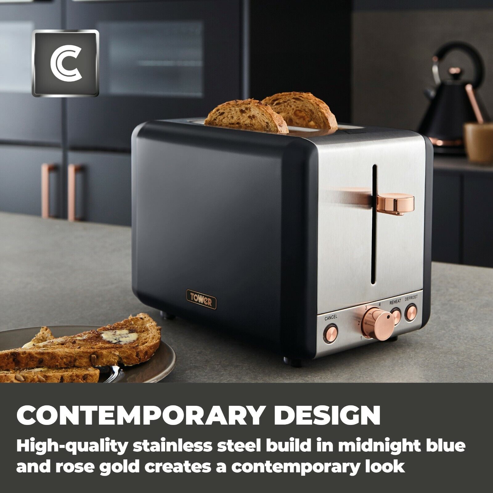 Tower Cavaletto Pyramid Kettle, 2 Slice Toaster, Canisters, Bread Bin Kitchen Set (Black) - Vibe Home