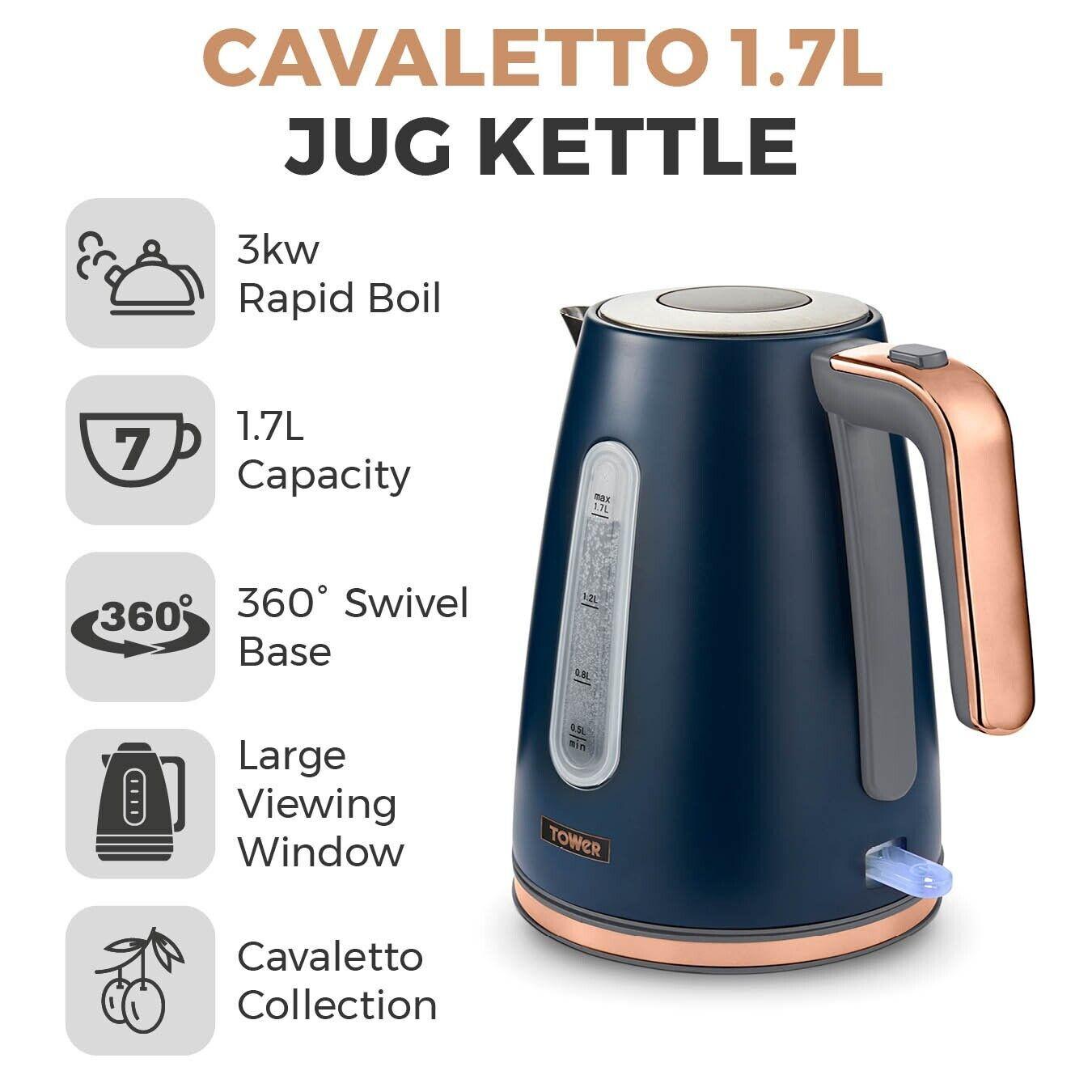 Tower Cavaletto Jug Kettle, 2 Slice Toaster, Bread Bin, Canisters Kitchen Set (Midnight Blue) - Vibe Home