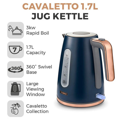 Tower Cavaletto Jug Kettle, 2 Slice Toaster, Bread Bin, Canisters Kitchen Set (Midnight Blue) - Vibe Home
