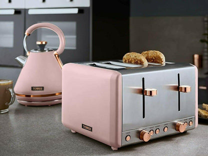 Tower Cavaletto Pyramid Kettle & 4 Slice Toaster Kitchen Set (Pink) - Vibe Home