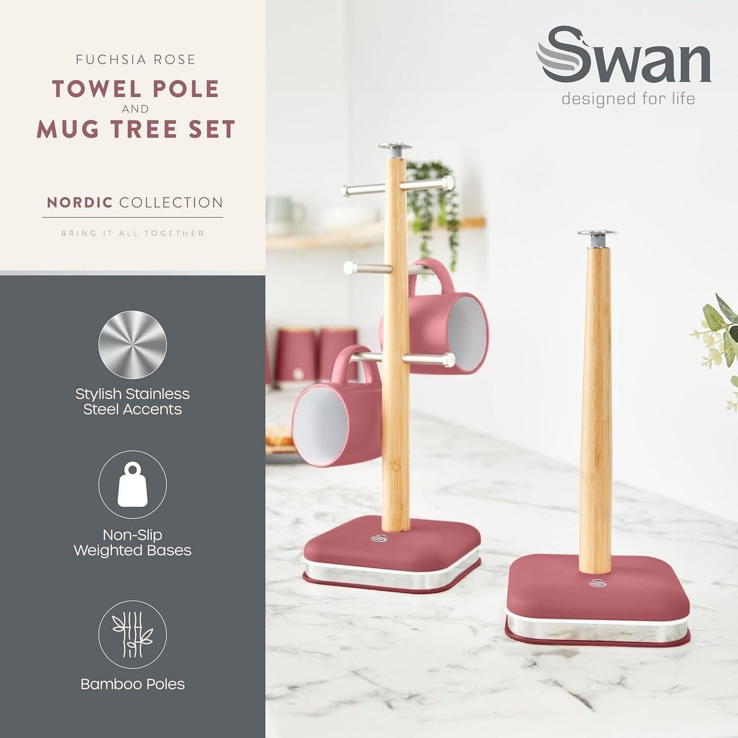 Swan Nordic Mug Tree & Towel Pole Set SWKA18525FUS Red (Fuchsia Rose) - Vibe Home