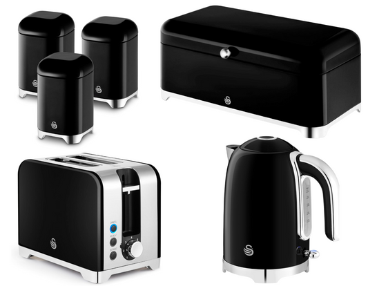 Swan Solace Jug Kettle, 2 Slice Toaster, Bread Bin, Canisters Kitchen Set (Black) - Vibe Home