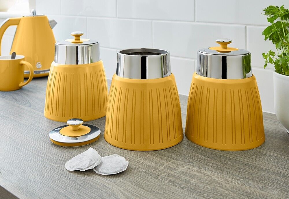 Swan Retro Yellow Kitchen Set Kettle, Canisters, Mug Tree & Towel Pole