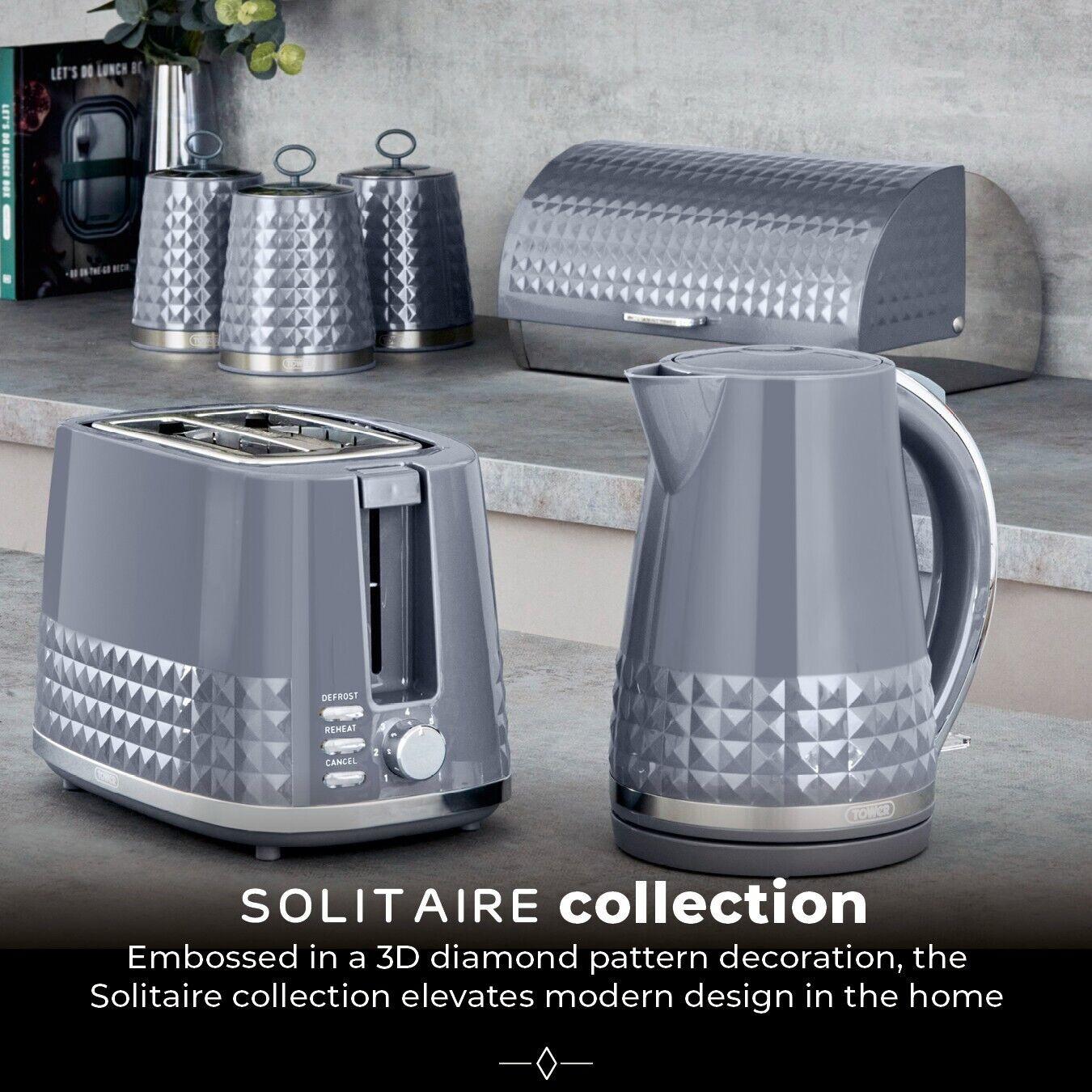 Tower Solitaire Kettle, 2 Slice Toaster, Bread Bin & Canisters Kitchen Set (Grey) - Vibe Home