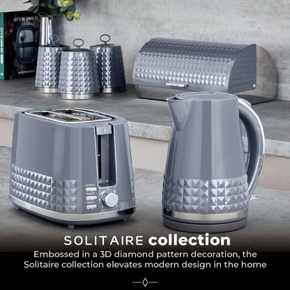 Tower Solitaire Kettle, 2 Slice Toaster, Bread Bin & Canisters Kitchen Set (Grey) - Vibe Home