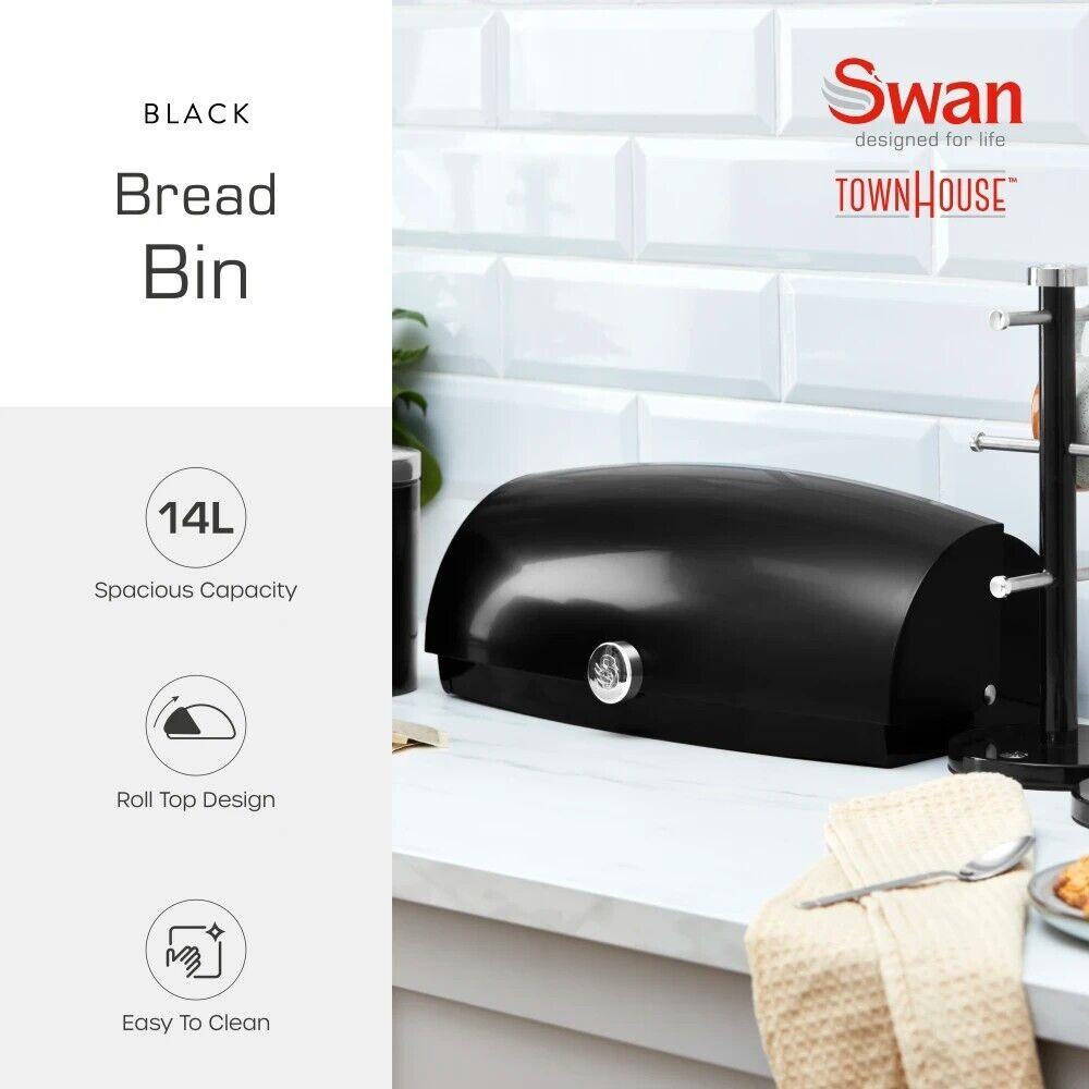 Swan Townhouse Bread Bin & Canisters Kitchen Storage Set (Black) - Vibe Home