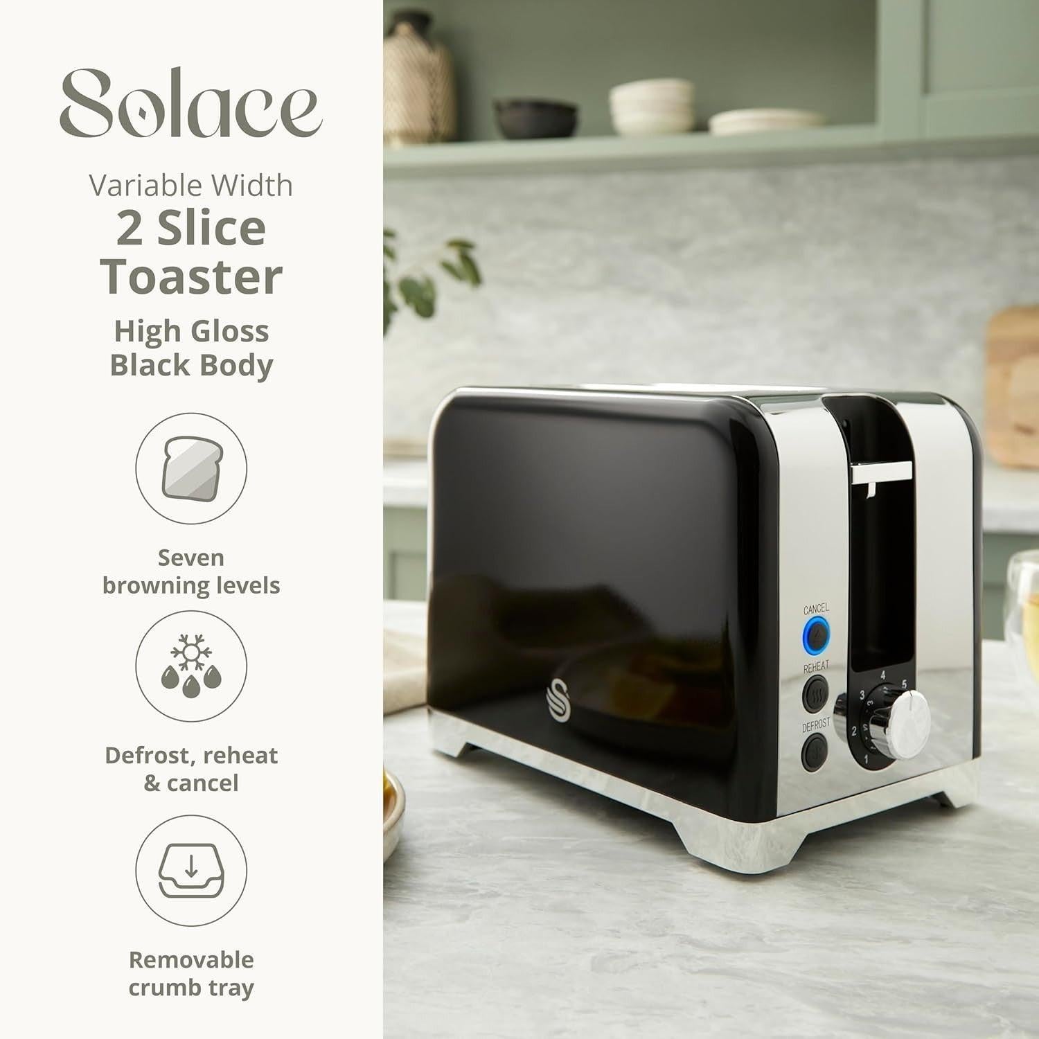 Swan Solace Jug Kettle, 2 Slice Toaster, Bread Bin, Canisters Kitchen Set (Black) - Vibe Home