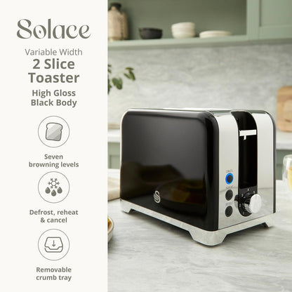 Swan Solace Jug Kettle, 2 Slice Toaster, Bread Bin, Canisters Kitchen Set (Black) - Vibe Home