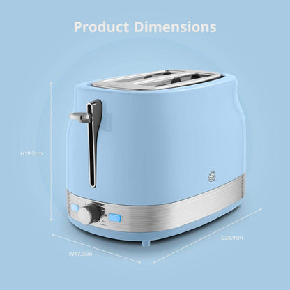 Swan Retro Pyramid Kettle, 2 Slice Toaster, Bread Bin & Canisters Kitchen Set (Blue) - Vibe Home
