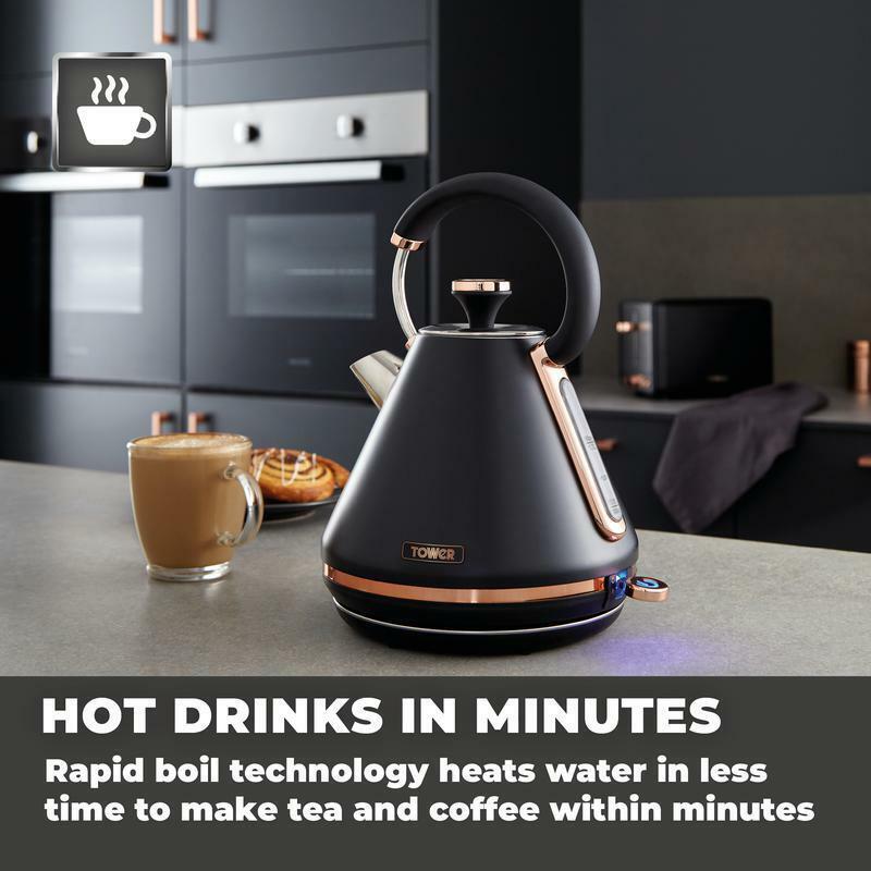 Tower Cavaletto Pyramid Kettle, 4 Slice Toaster & Canisters Kitchen Set (Black) - Vibe Home