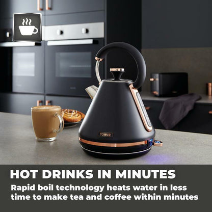 Tower Cavaletto Pyramid Kettle, 4 Slice Toaster & Canisters Kitchen Set (Black) - Vibe Home