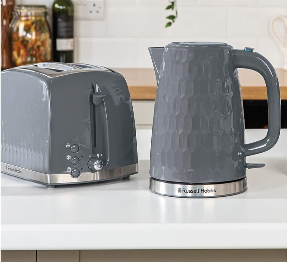 Russell Hobbs Honeycomb Kettle & 2 Slice Toaster Kitchen Set (Grey) - Vibe Home