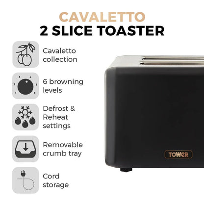 Tower Cavaletto Black 7pc Kitchen Set Kettle 2 Slice Toaster Canisters Mug Tree