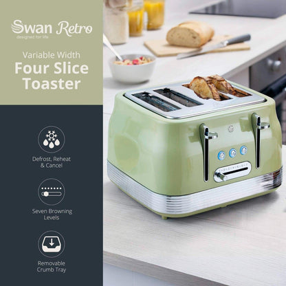 Swan Retro Jug Kettle & 4 Slice Toaster Kitchen Set (Green) - Vibe Home