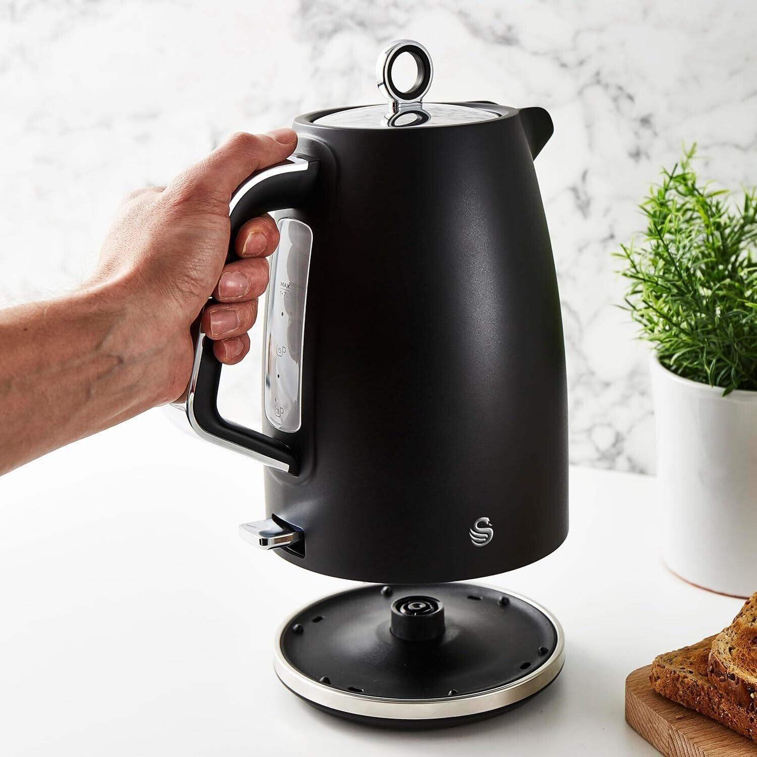 Swan Serenity Kettle, 4 Slice Toaster, Bread Bin & Canisters Kitchen Set (Black) - Vibe Home