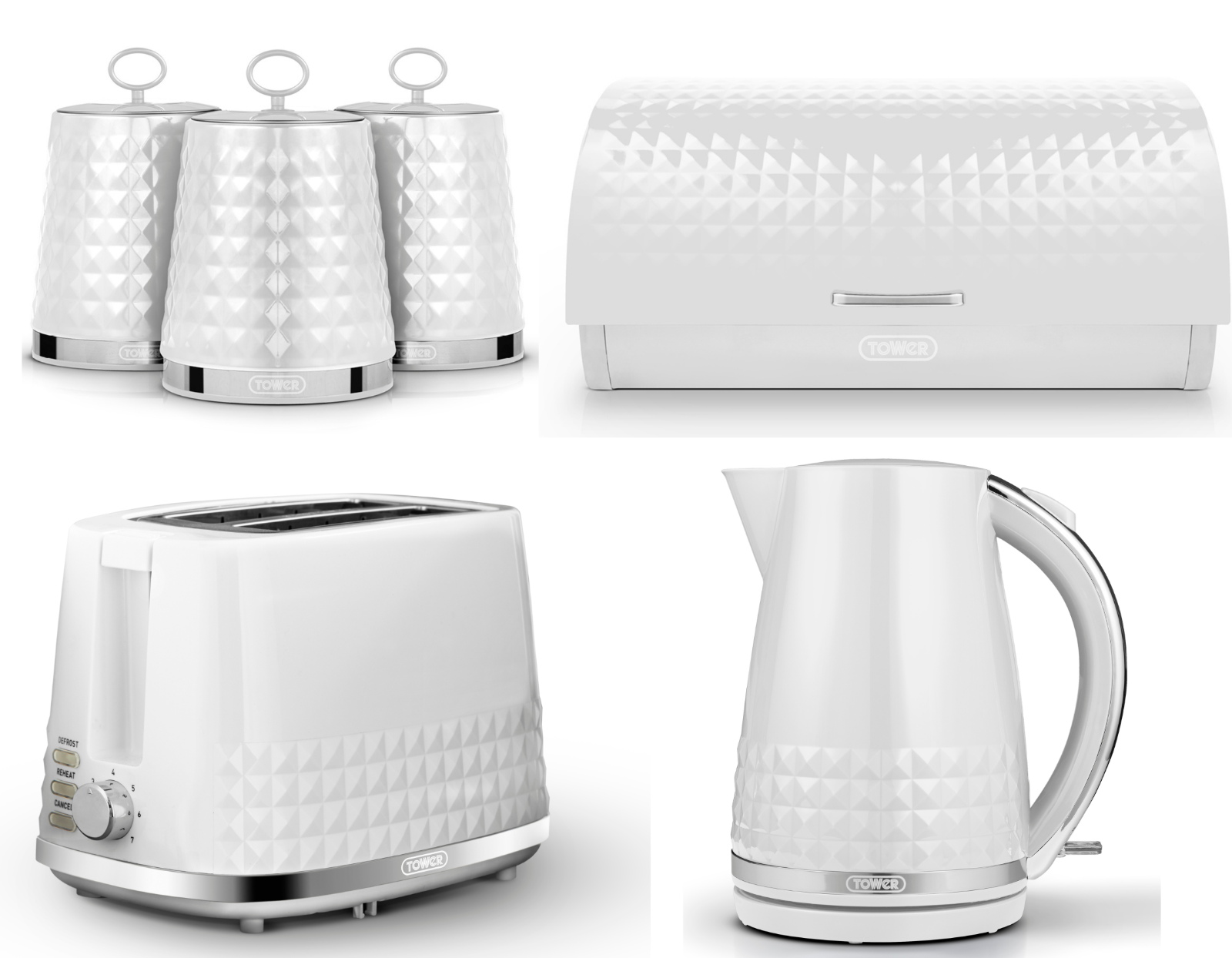 Tower Solitaire Kettle, 2 Slice Toaster, Bread Bin & Canisters Kitchen Set (White) - Vibe Home