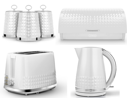 Tower Solitaire Kettle, 2 Slice Toaster, Bread Bin & Canisters Kitchen Set (White) - Vibe Home