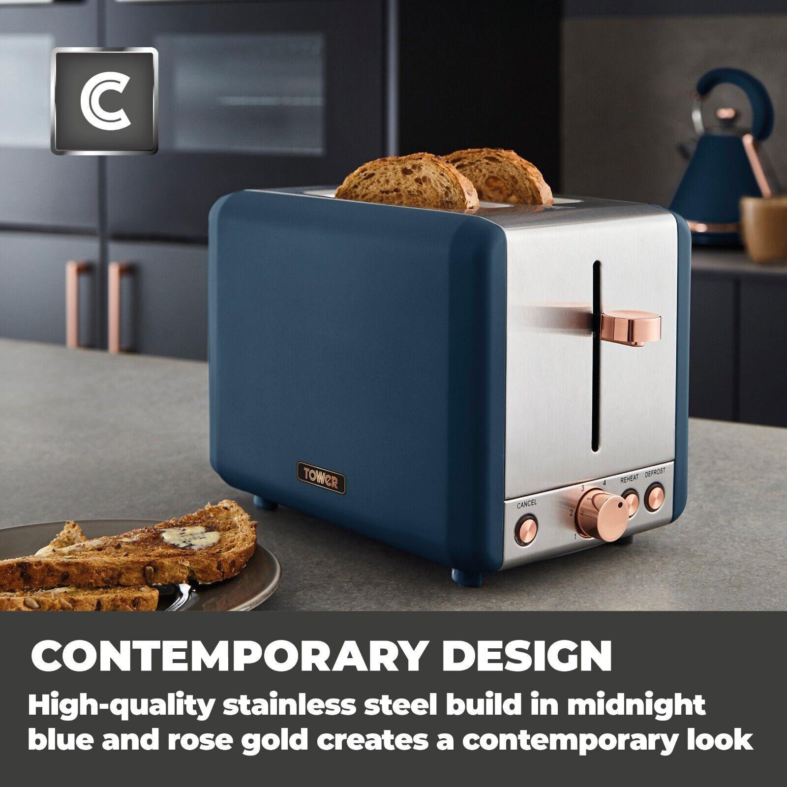 Tower Cavaletto Jug Kettle, 2 Slice Toaster, Bread Bin, Canisters Kitchen Set (Midnight Blue) - Vibe Home