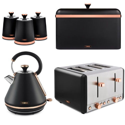Tower Cavaletto Pyramid Kettle, 4 Slice Toaster, Bread Bin, Canisters Kitchen Set (Black) - Vibe Home