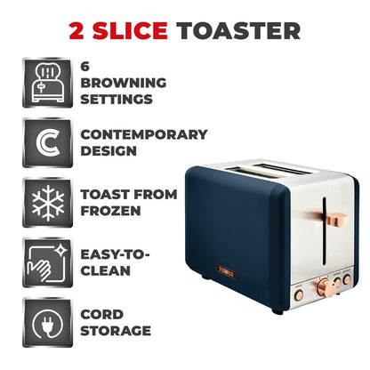 Tower Cavaletto Pyramid Kettle, 2 Slice Toaster & Canisters Kitchen Set (Midnight Blue) - Vibe Home