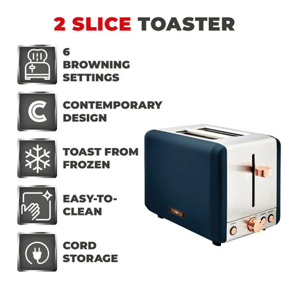 Tower Cavaletto Midnight Blue Kettle, 2 Slice Toaster & Canisters Kitchen Set