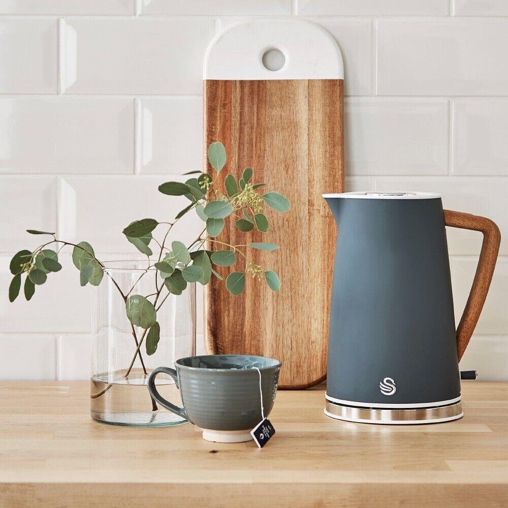 Swan Nordic Kettle, 4 Slice Toaster, Bread Bin & Canisters Kitchen Set (Grey) - Vibe Home