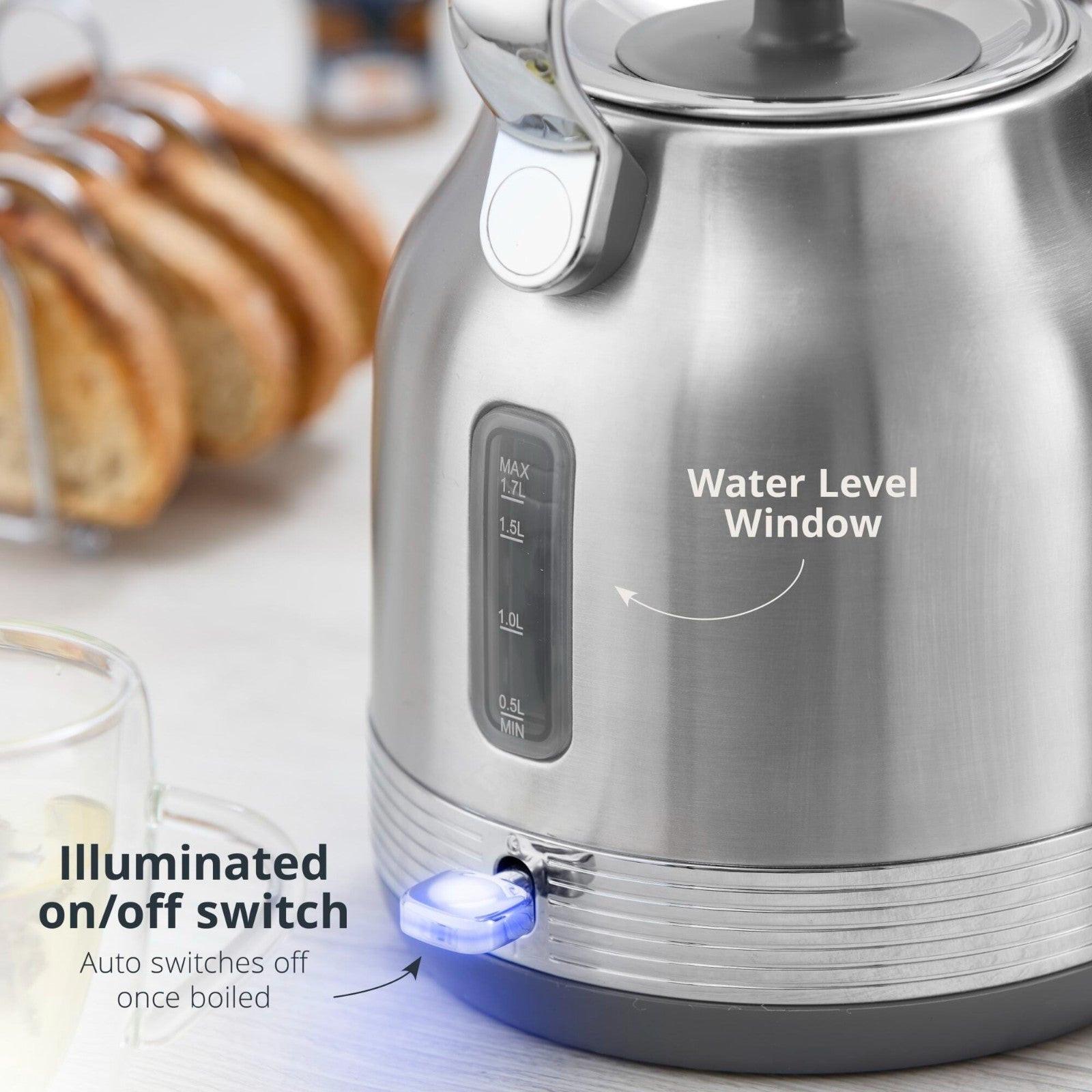 Swan Retro Pyramid Kettle & 4 Slice Toaster Kitchen Set (Stainless Steel) - Vibe Home