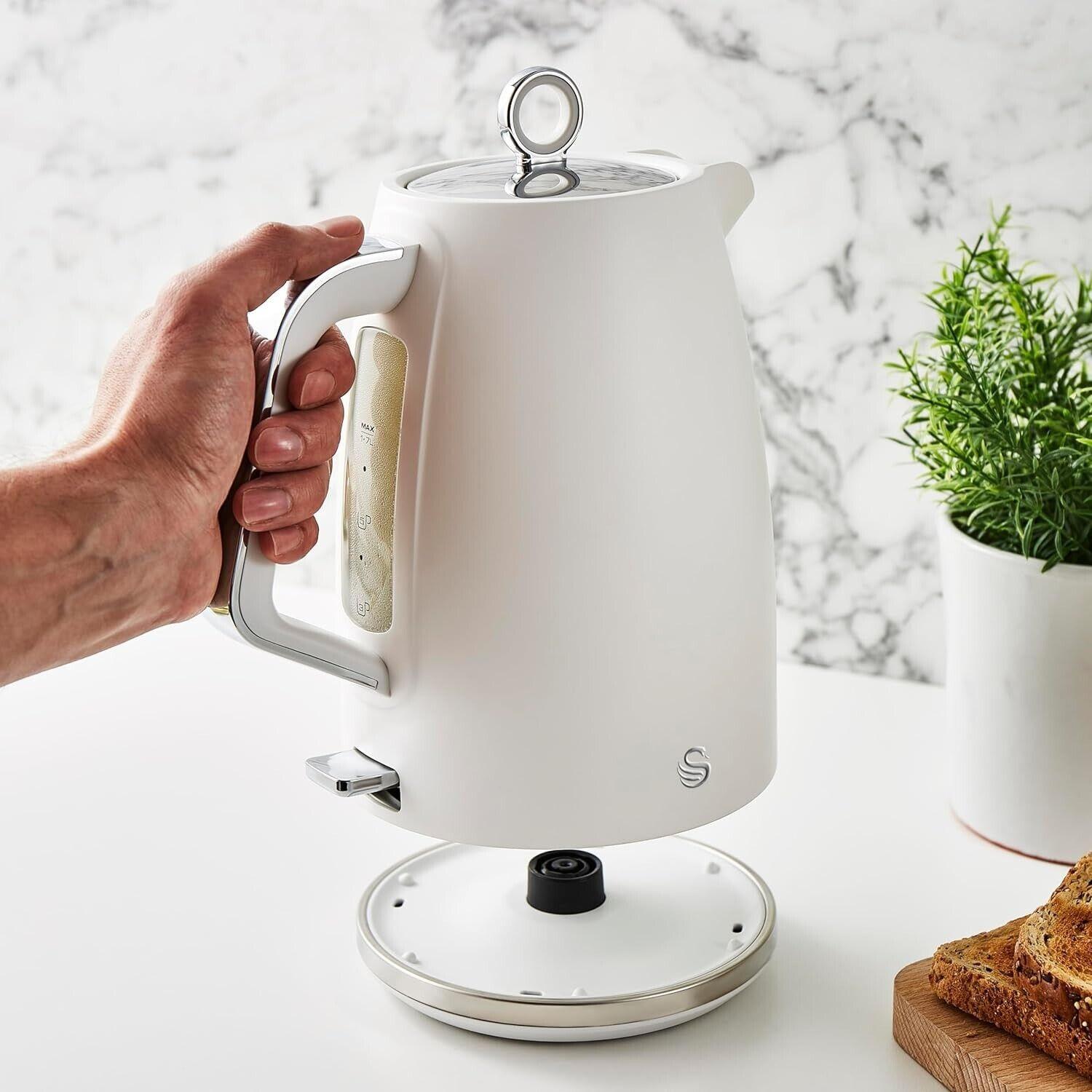Swan Serenity Kettle, 4 Slice Toaster, Bread Bin & Canisters Kitchen Set (White) - Vibe Home