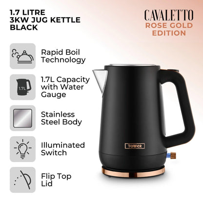Tower Cavaletto Jug Kettle & 4 Slice Toaster Kitchen Set (Black) - Vibe Home