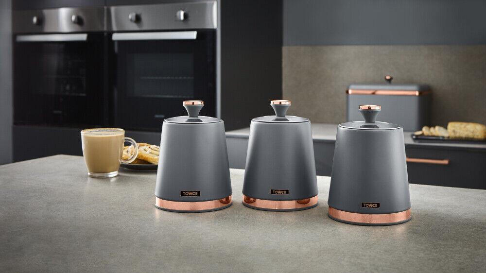 Tower Cavaletto Pyramid Kettle, 2 Slice Toaster & Canisters Kitchen Set (Grey) - Vibe Home