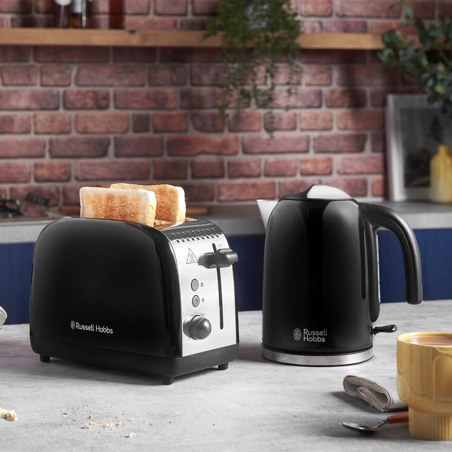 Russell Hobbs Colours Jug Kettle & 2 Slice Toaster Kitchen Set (Black) - Vibe Home
