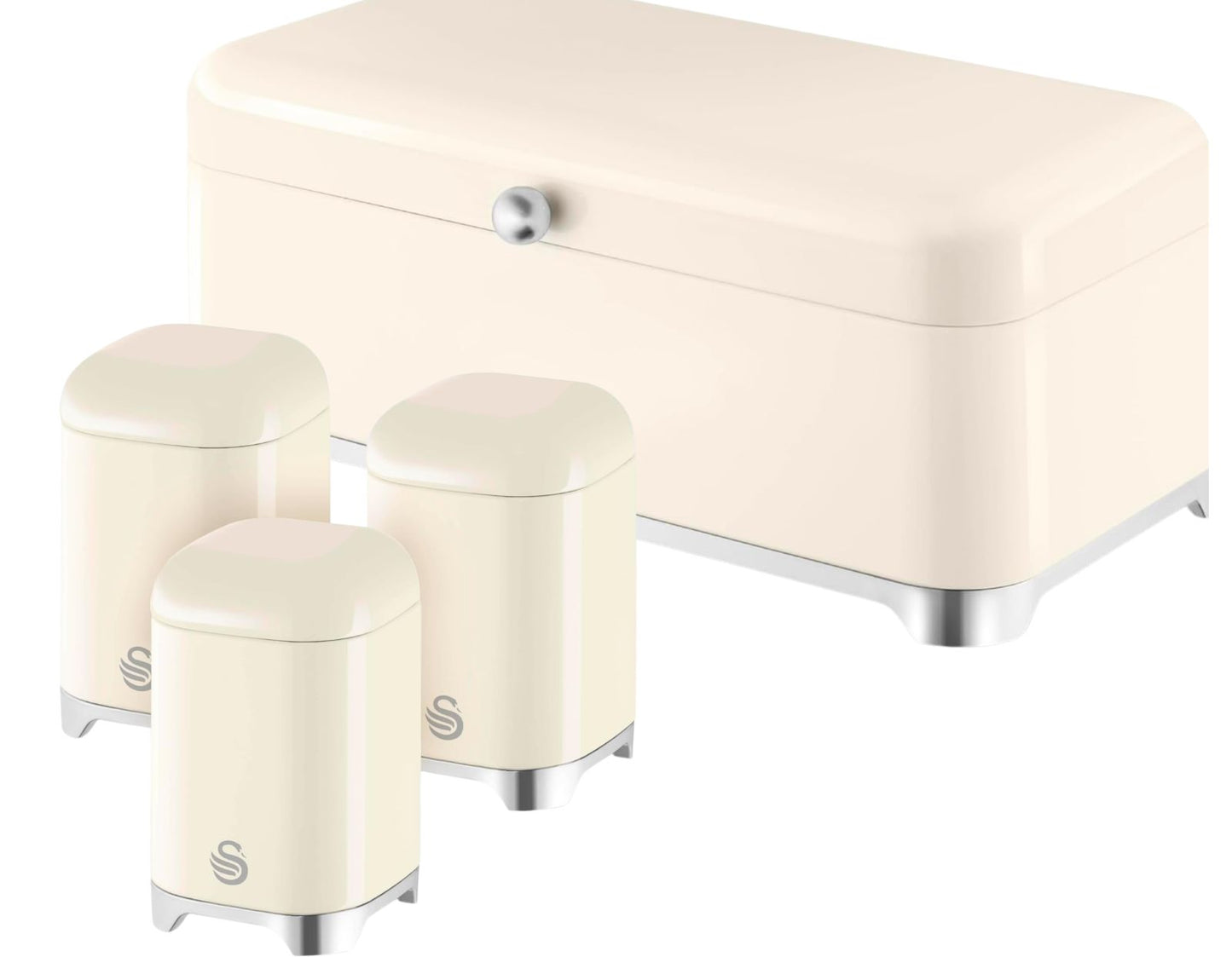 Swan Solace Cream Breadbin & 3 Canisters Kitchen Storage Set with Chrome Trim