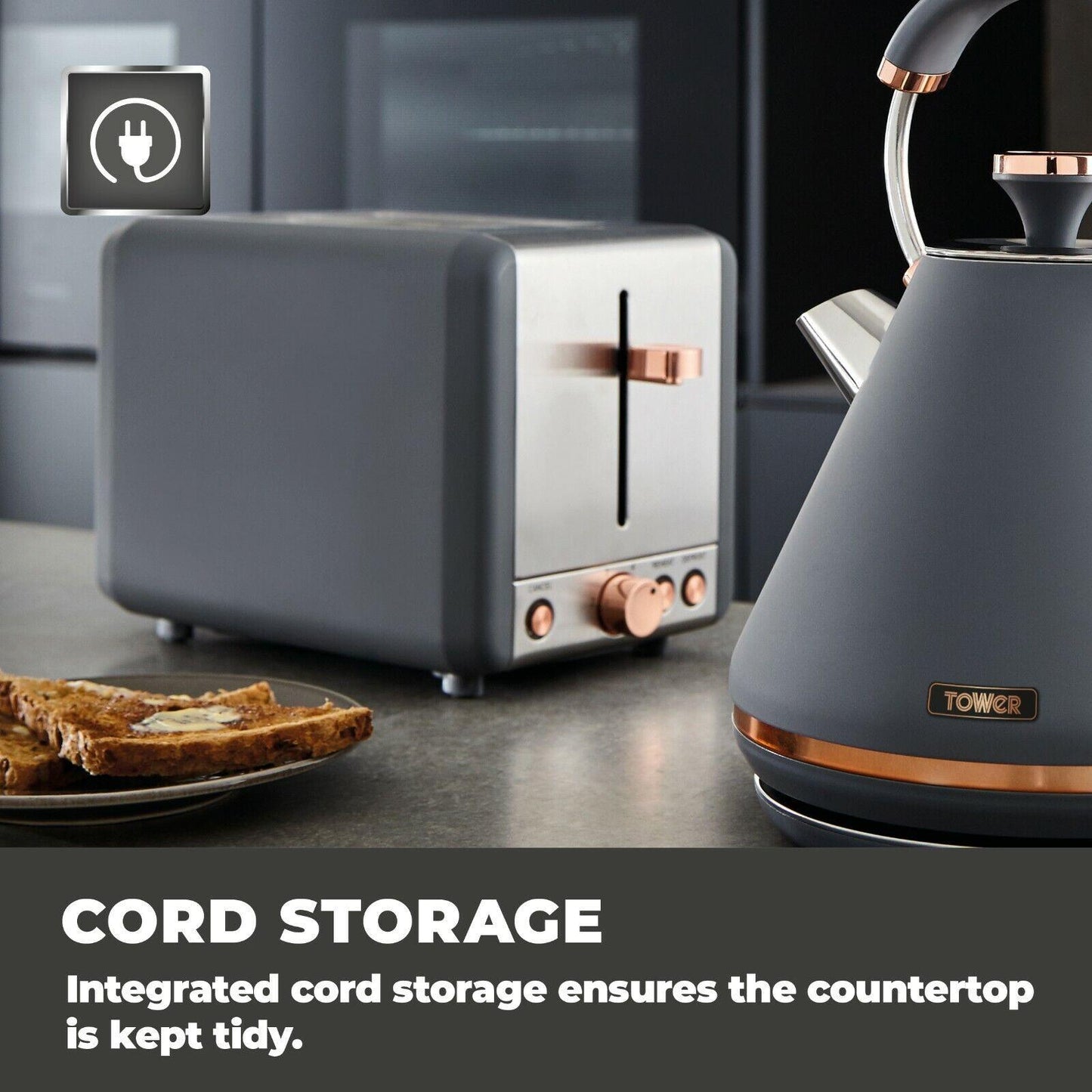 Tower Cavaletto Pyramid Kettle & 2 Slice Toaster Kitchen Set (Grey) - Vibe Home
