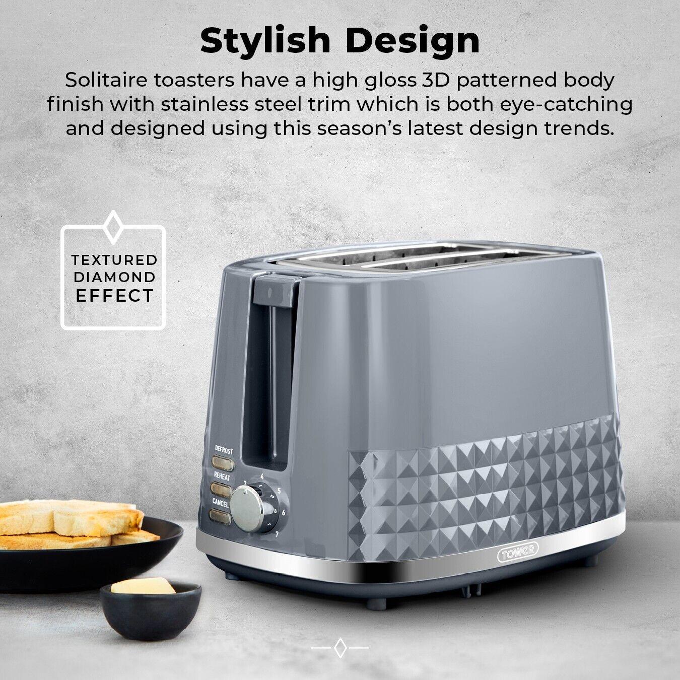 Tower Solitaire Kettle, 2 Slice Toaster, Bread Bin & Canisters Kitchen Set (Grey) - Vibe Home
