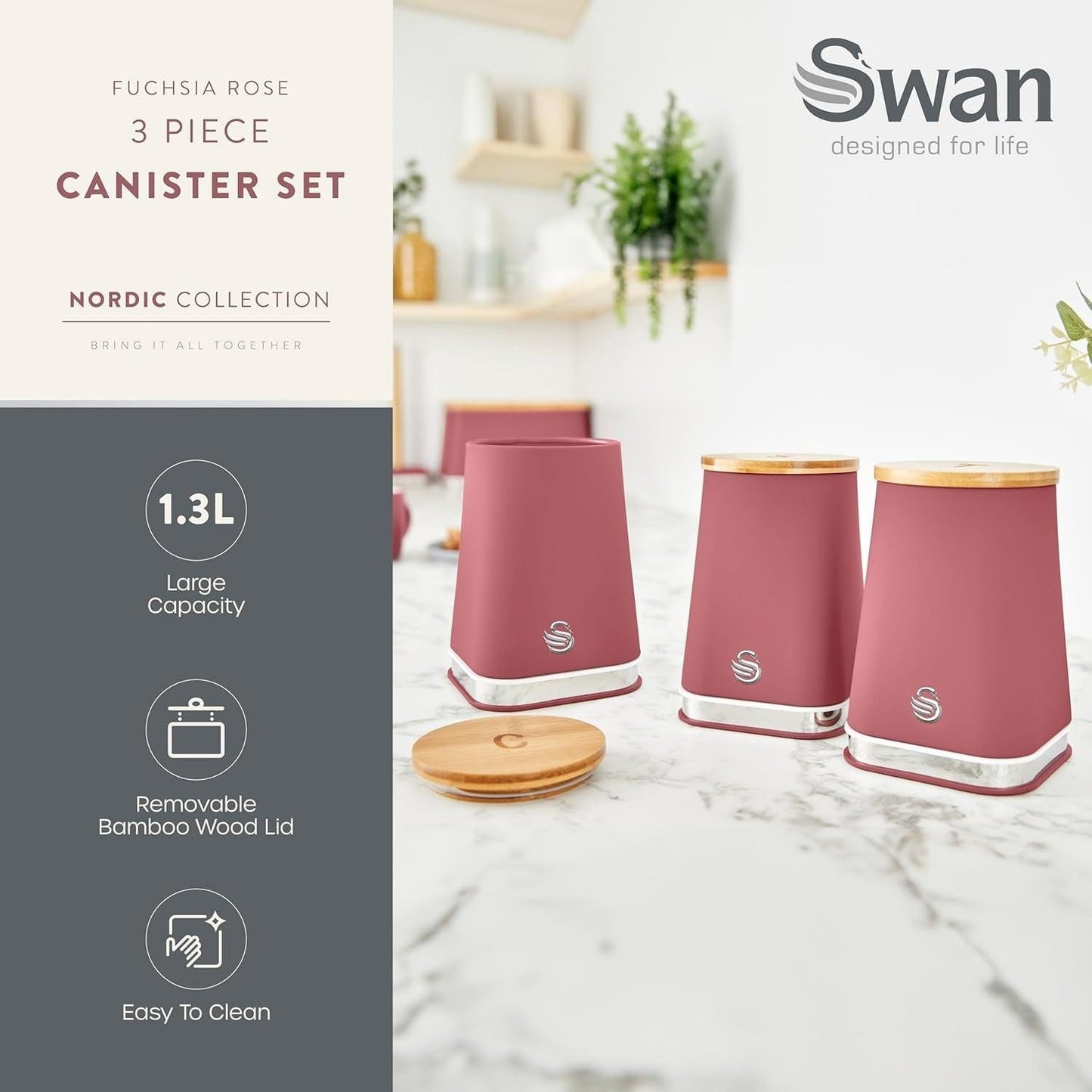 Swan Nordic Kettle, 4 Slice Toaster, Bread Bin, Canisters Kitchen Set (Fuchsia Rose) - Vibe Home