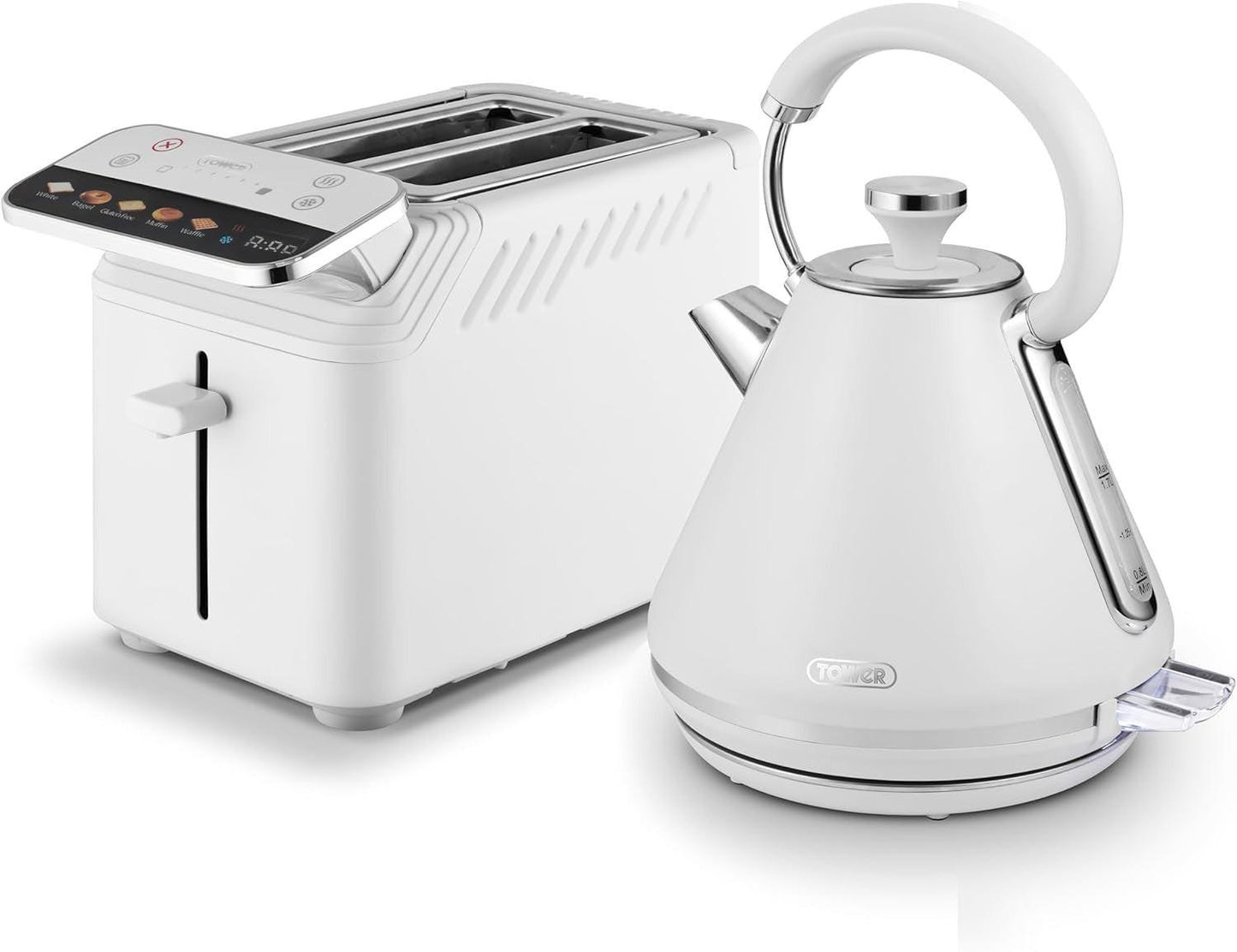 Tower Mirage Digital Pyramid Kettle & 2 Slice Toaster Kitchen Set (White) - Vibe Home