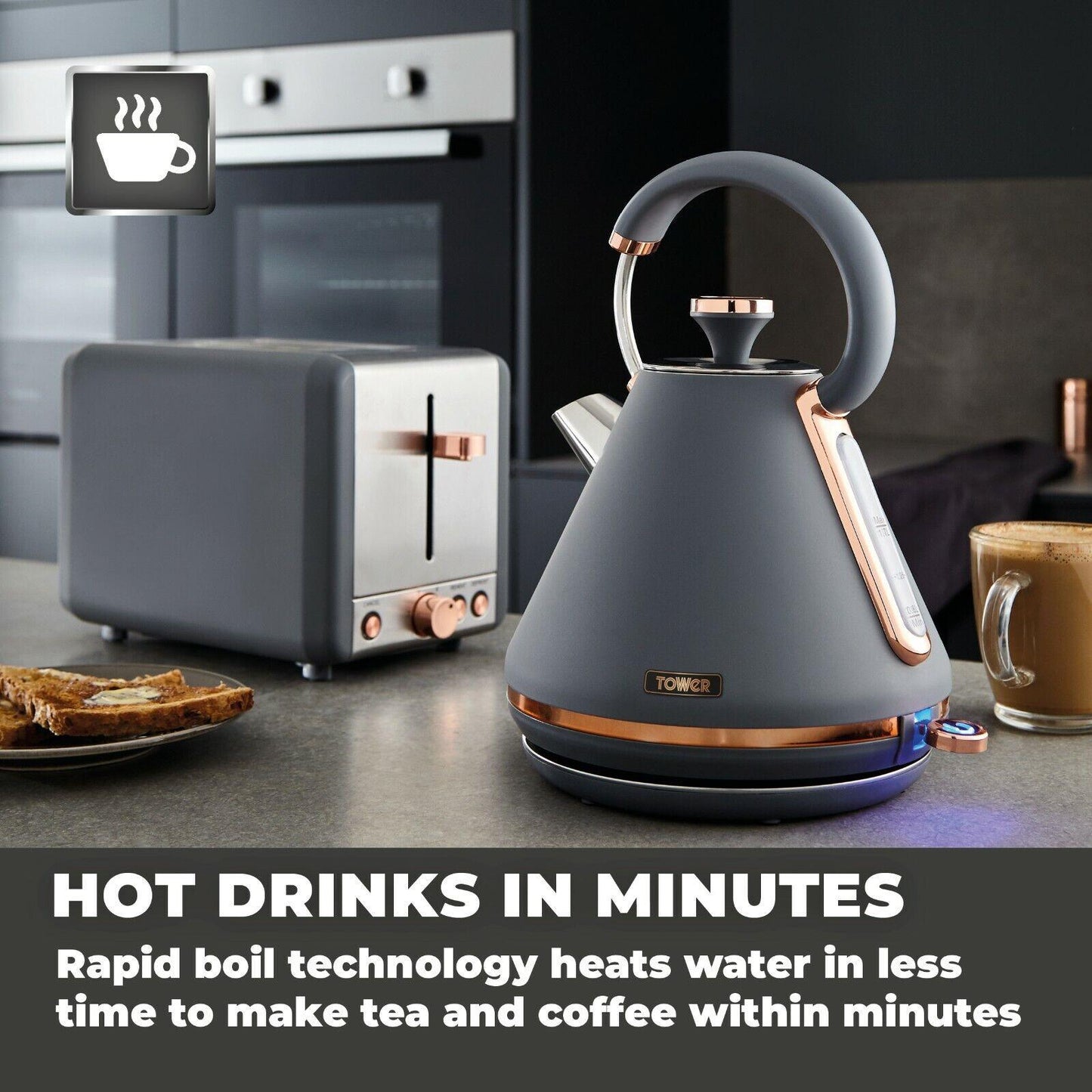 Tower Cavaletto Pyramid Kettle, 2 Slice Toaster & Canisters Kitchen Set (Grey) - Vibe Home