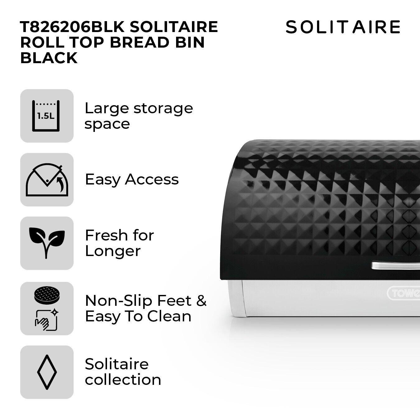 Tower Solitaire Kettle, 2 Slice Toaster, Bread Bin & Canisters Kitchen Set (Black) - Vibe Home