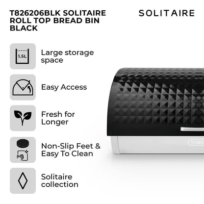 Tower Solitaire Kettle, 2 Slice Toaster, Bread Bin & Canisters Kitchen Set (Black) - Vibe Home