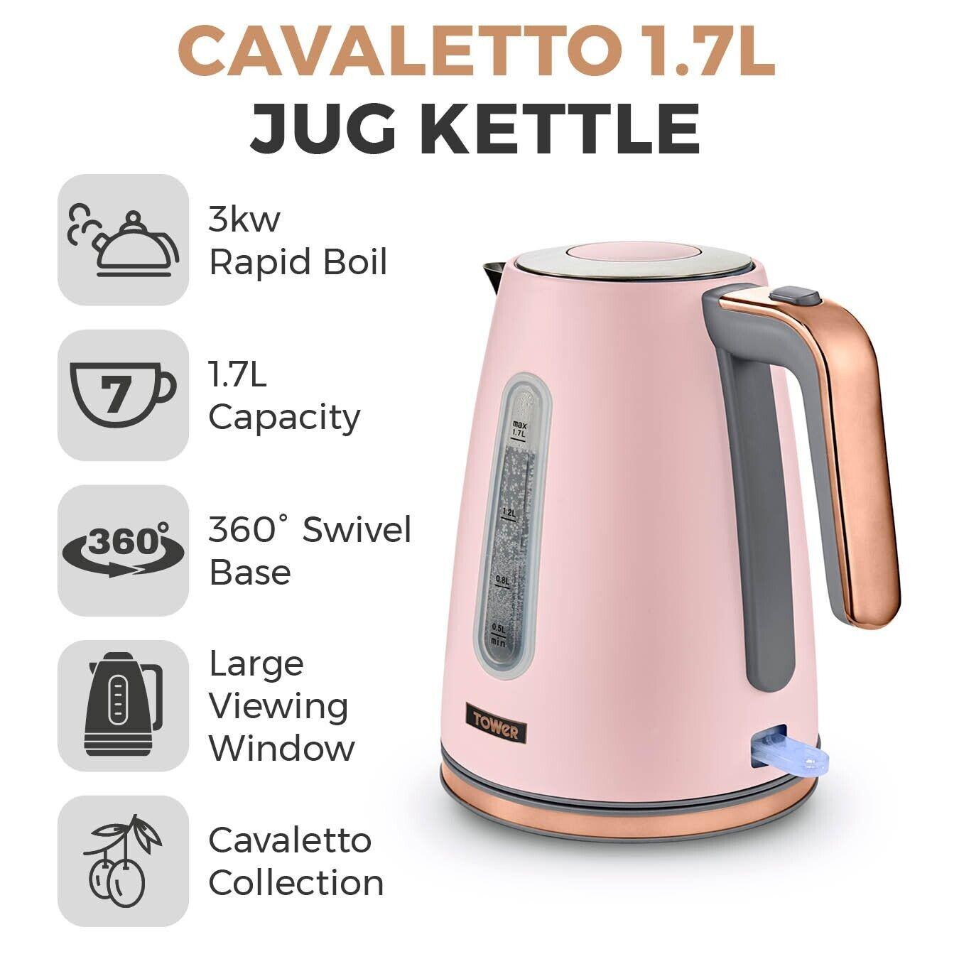 Tower Cavaletto Jug Kettle, 4 Slice Toaster, Bread Bin, Canisters Kitchen Set (Pink) - Vibe Home